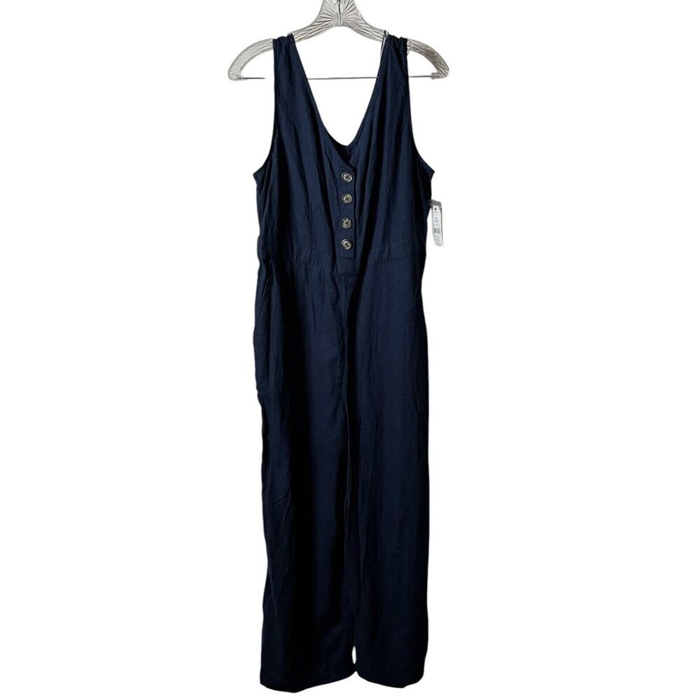 Time And Tru Navy Blue Linen Jumpsuit Romper M (8 - 10)‎ Button Up No Belt NWT